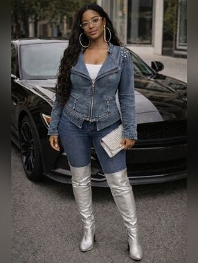 Women's Fitted Denim Moto Jacket in Medium Blue